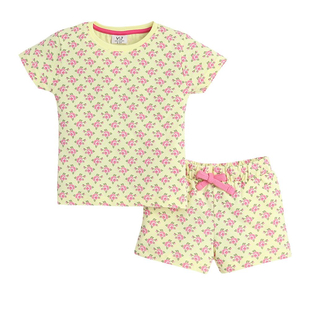 Victor and Jane - Girls Pyjama Set All-Over Rose Printed T-Shirt And Shorts Set