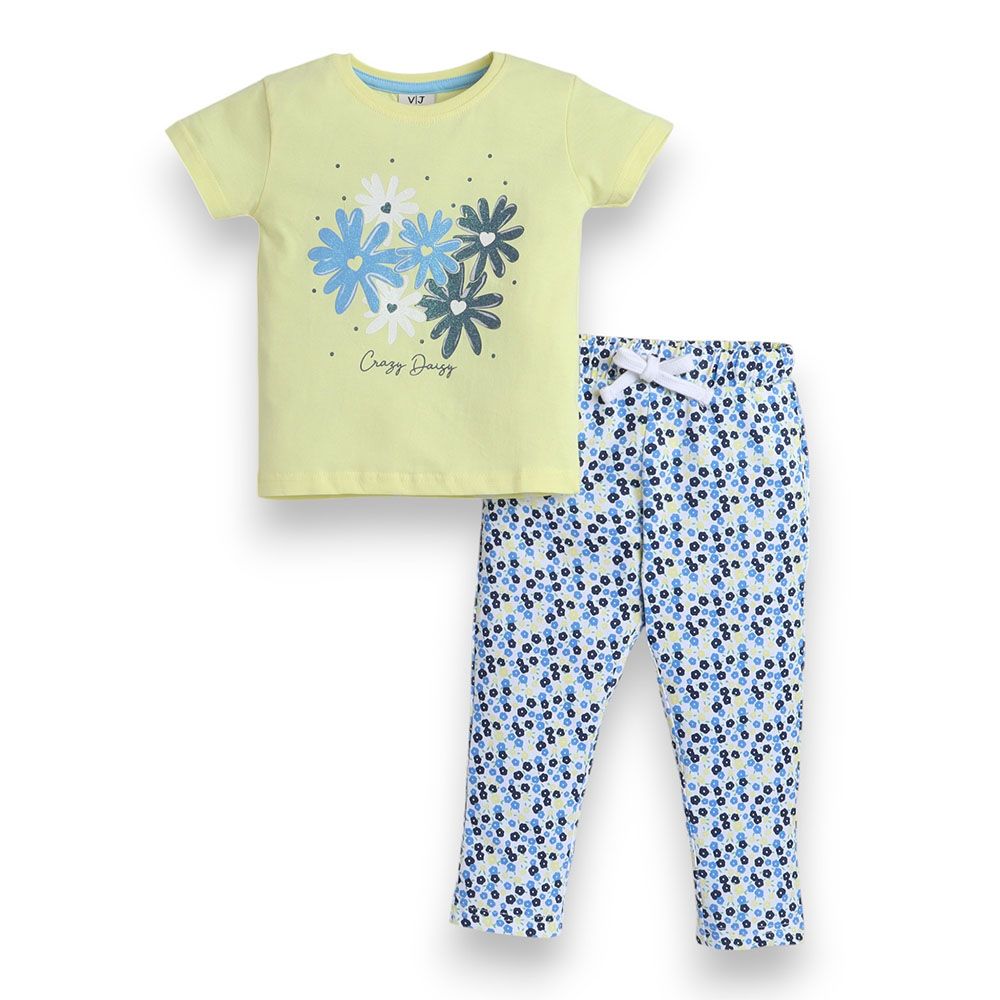 Victor and Jane - Flower Printed Girls Pyjama Set - Yellow