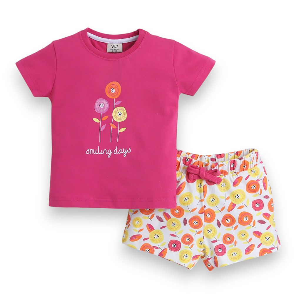 Victor And Jane - 2pc-Set - Girl's Smiling Days Printed T-Shirt And Shorts - Dark Pink