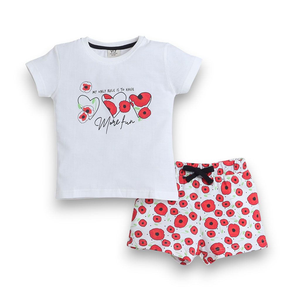 Victor and Jane - Girls Pyjama Printed T-Shirt And Shorts Set - Off-White/Red