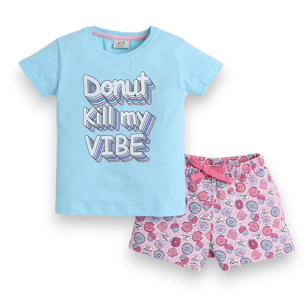 Victor And Jane - 2pc-Set - Girl's Printed T-Shirt And Shorts - Blue/Pink