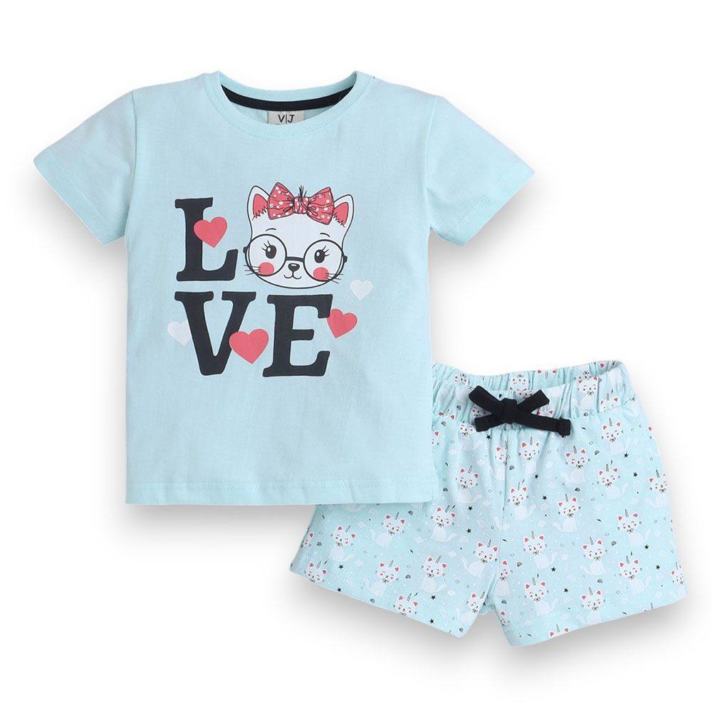 Victor And Jane - 2pc-Set - Girl's Love Printed T-Shirt And Shorts - Sky Blue