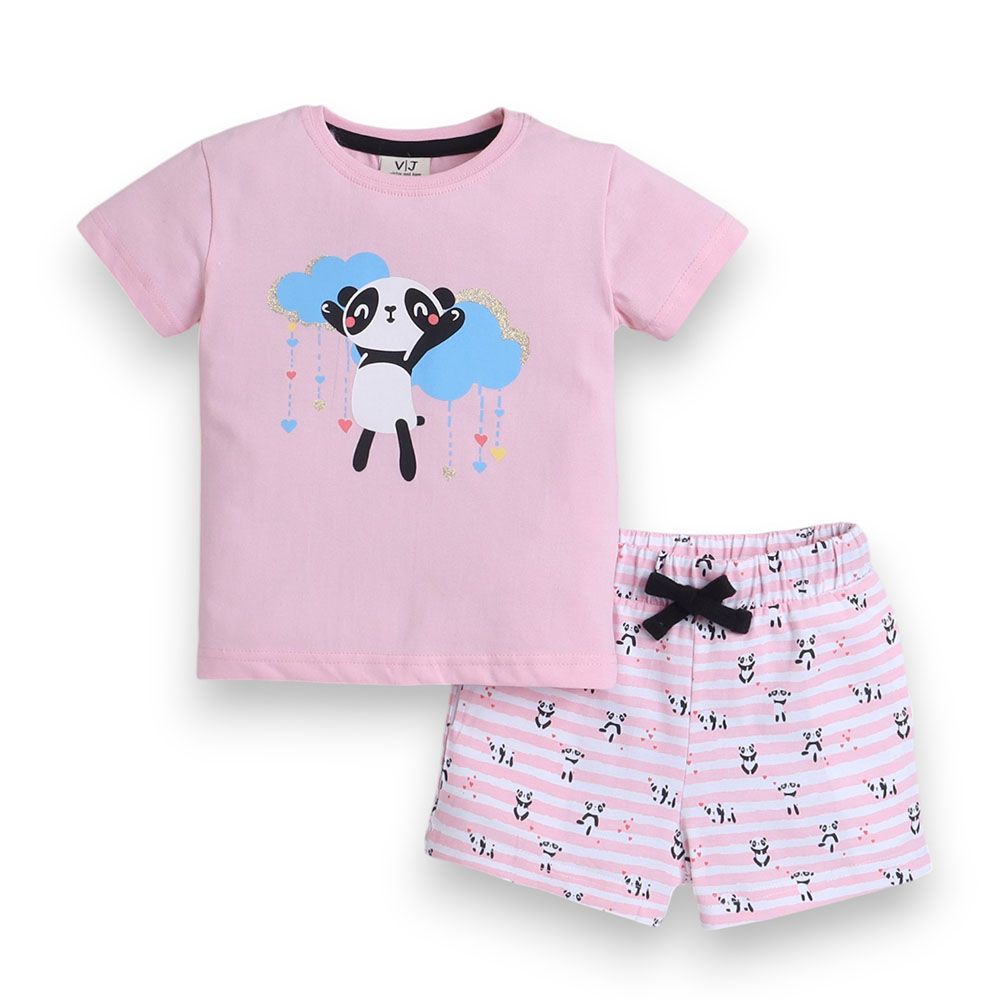 Victor And Jane - 2pc-Set - Girl's Panda Printed T-Shirt And Shorts - Pink