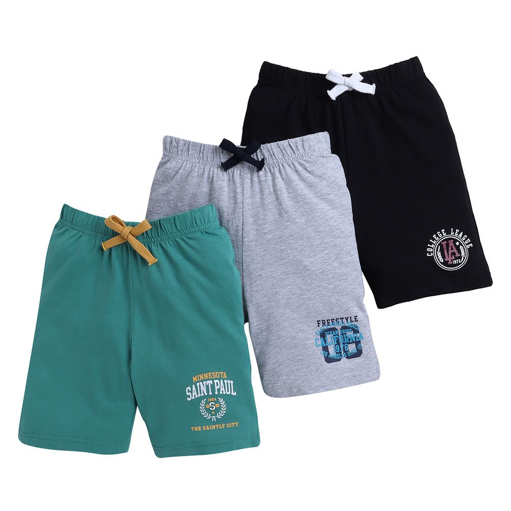 Victor And Jane - Boys Slogan Print Pull-on Shorts - 3 Pcs - Black/Grey/Green