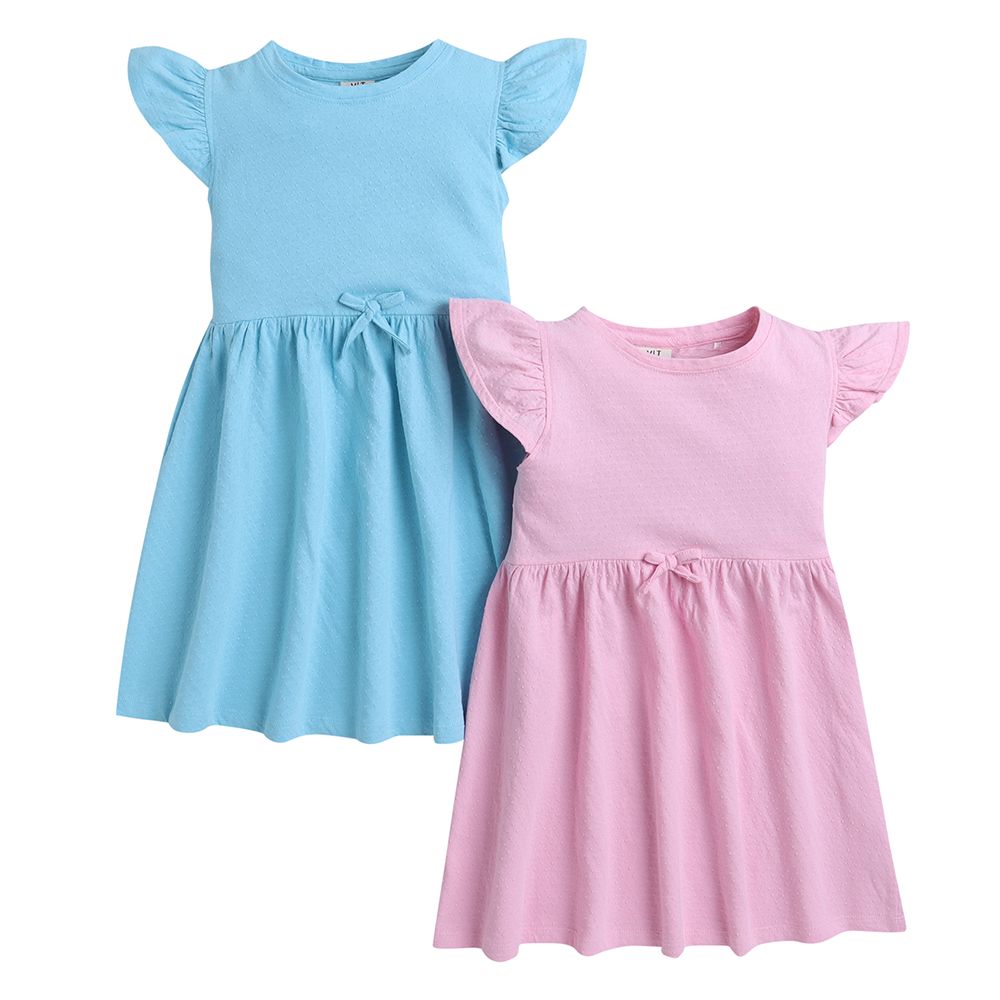 Victor And Jane - Girls Ruffle Cotton Dress - Pink And Blue - 2 Pcs