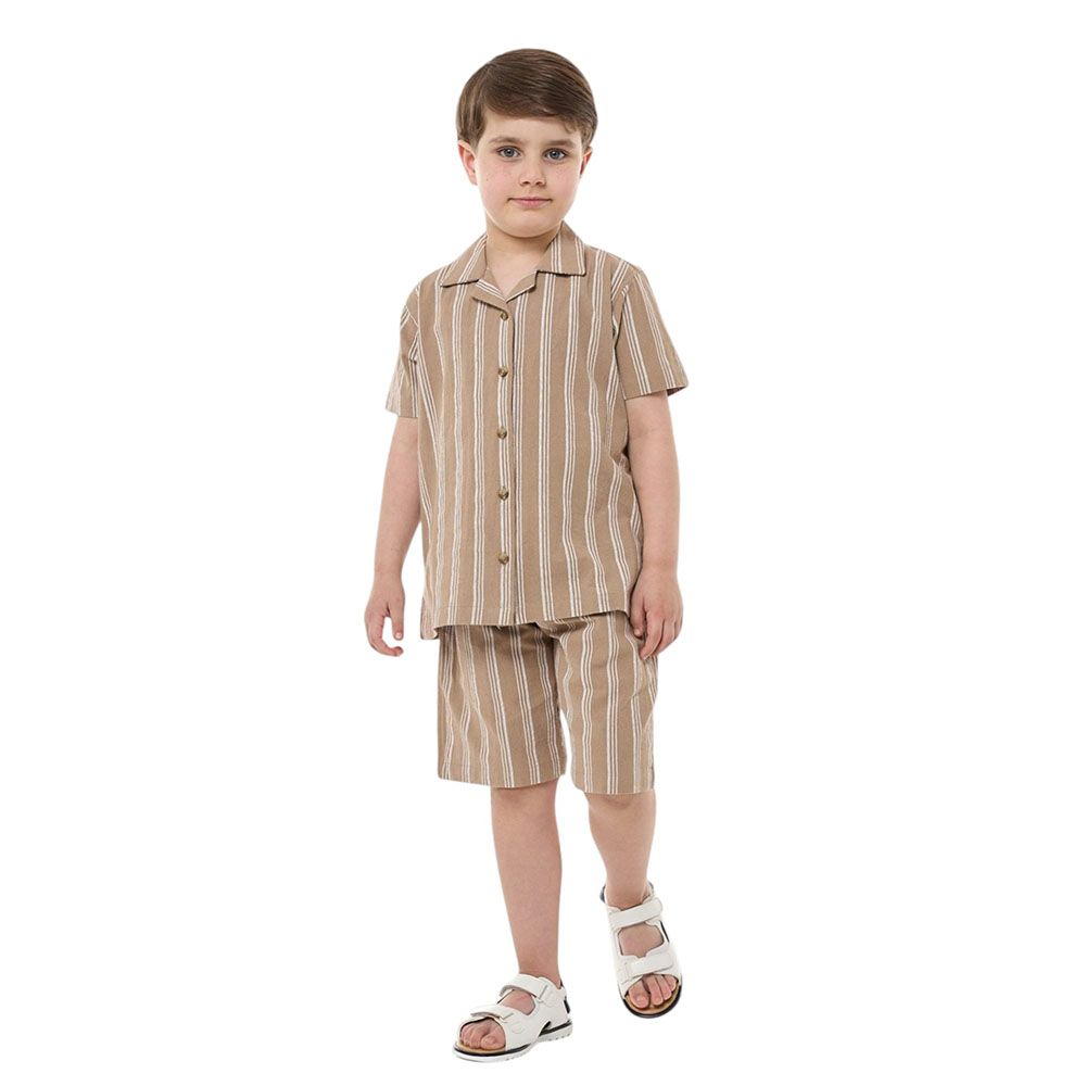 Victor And Jane - Boys Casual Cotton Shirt And Shorts Set - Beige