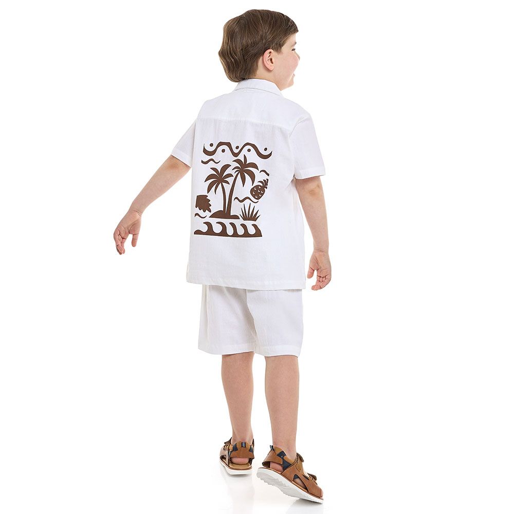 Victor And Jane - Back Print Boys Casual Cotton Shirt And Shorts Set - Off White