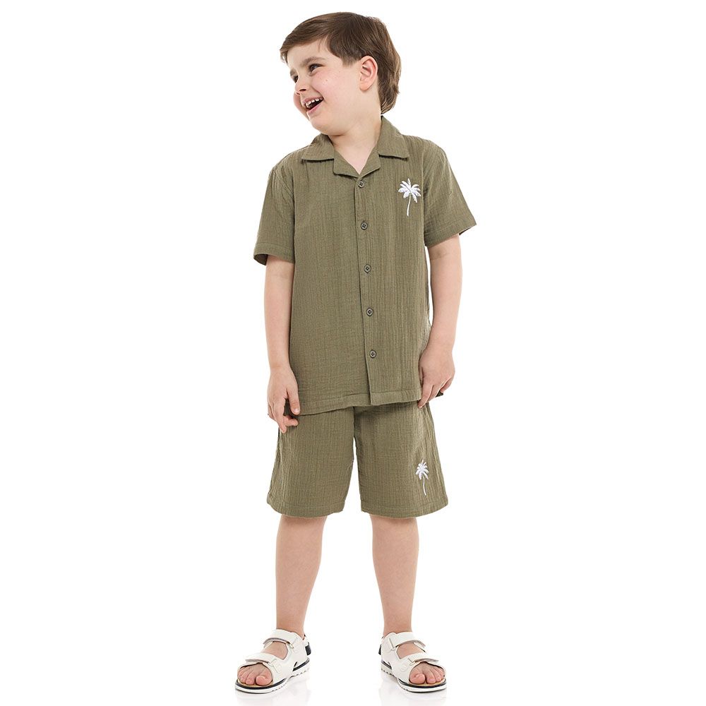 Victor And Jane - Boys Cotton Shirt And Shorts Set - Olive