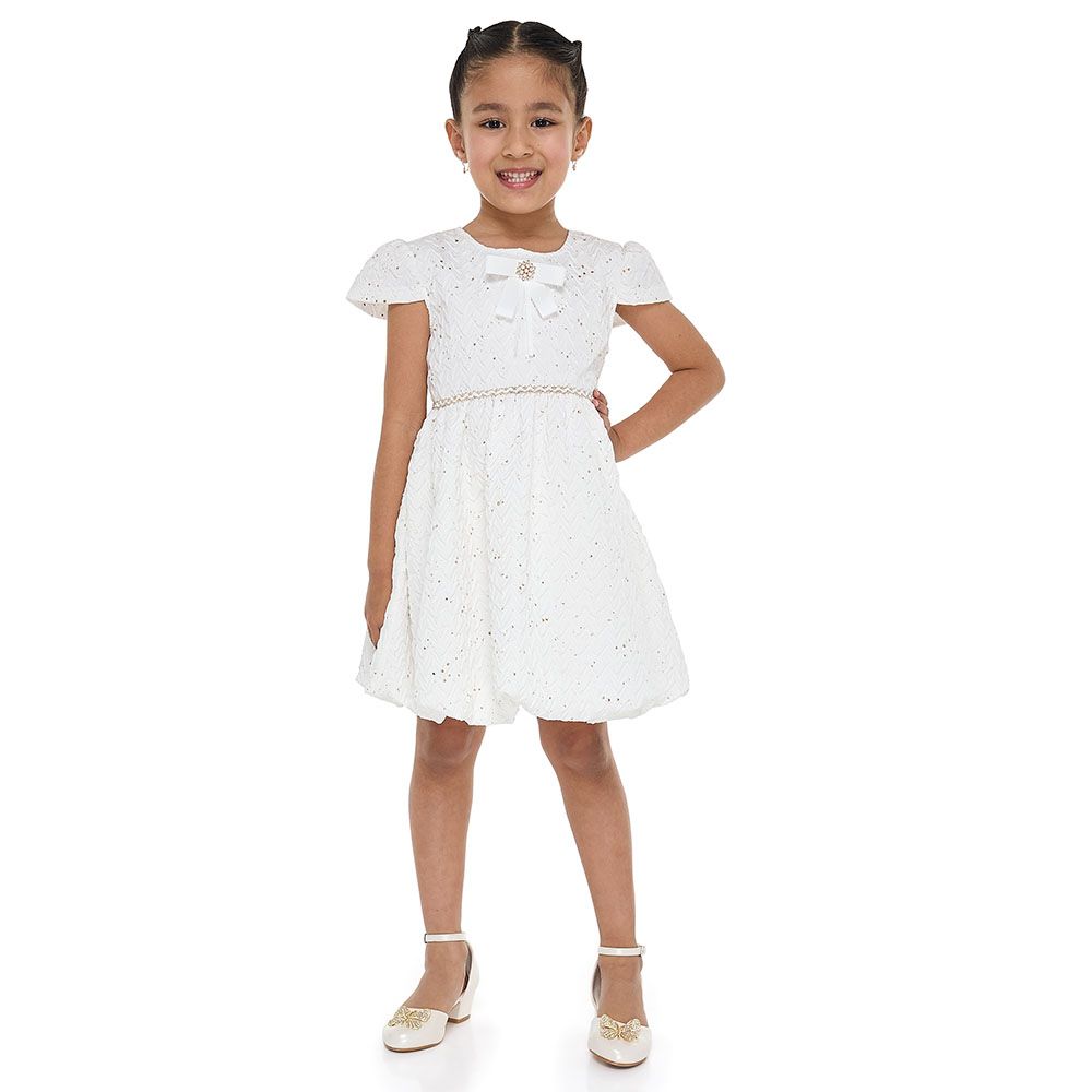 Victor And Jane - Girl's Bow Jacquard Dress - Ivory/Gold