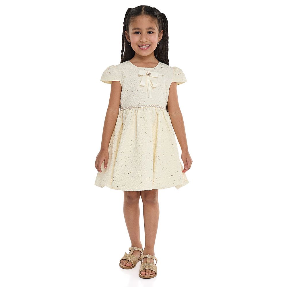 Victor And Jane - Girl's Bow Jacquard Dress - Lemon/Gold