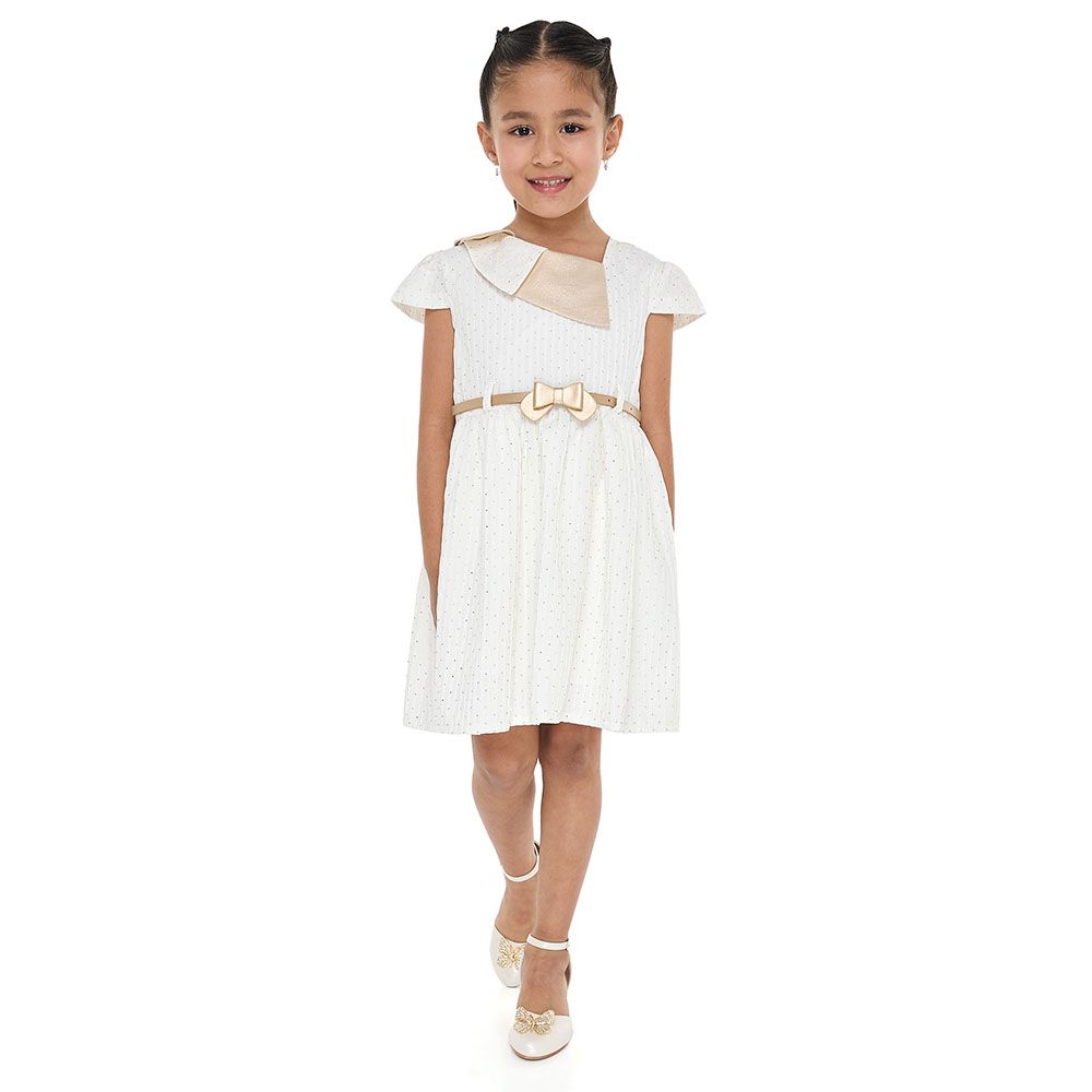 Victor And Jane - Lapel Jacquard Girl's Dress - Ivory/Gold