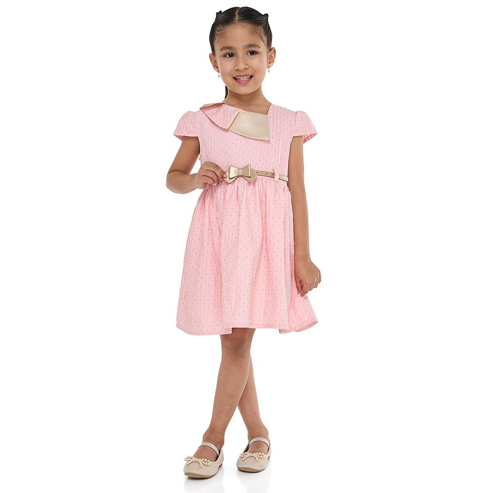 Victor And Jane - Girl's Lapel Jacquard Dress - Ivory/Pink