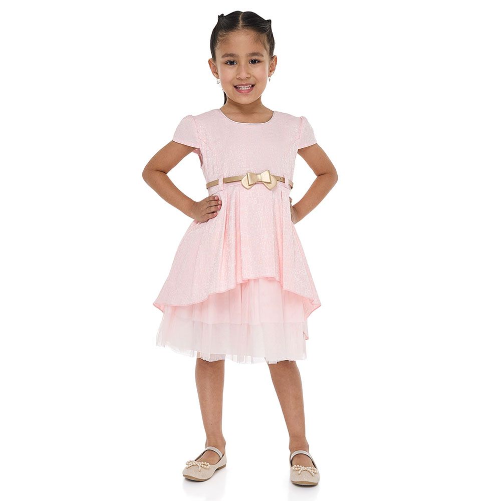 Victor And Jane - Girl's Elegant Jacquard & Tulle Party Dress - Light Pink/Gold