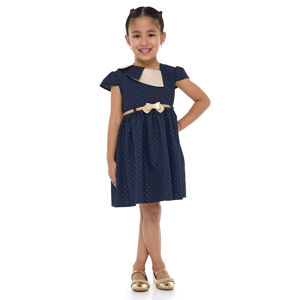 Victor And Jane - Girl's Lapel Jacquard Dress - Chic Blue/Gold