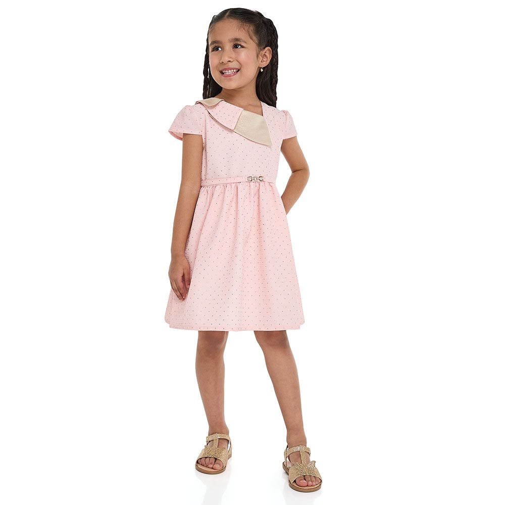 Victor And Jane - Girl's Lapel Jacquard Dress - Chick Pink/Gold