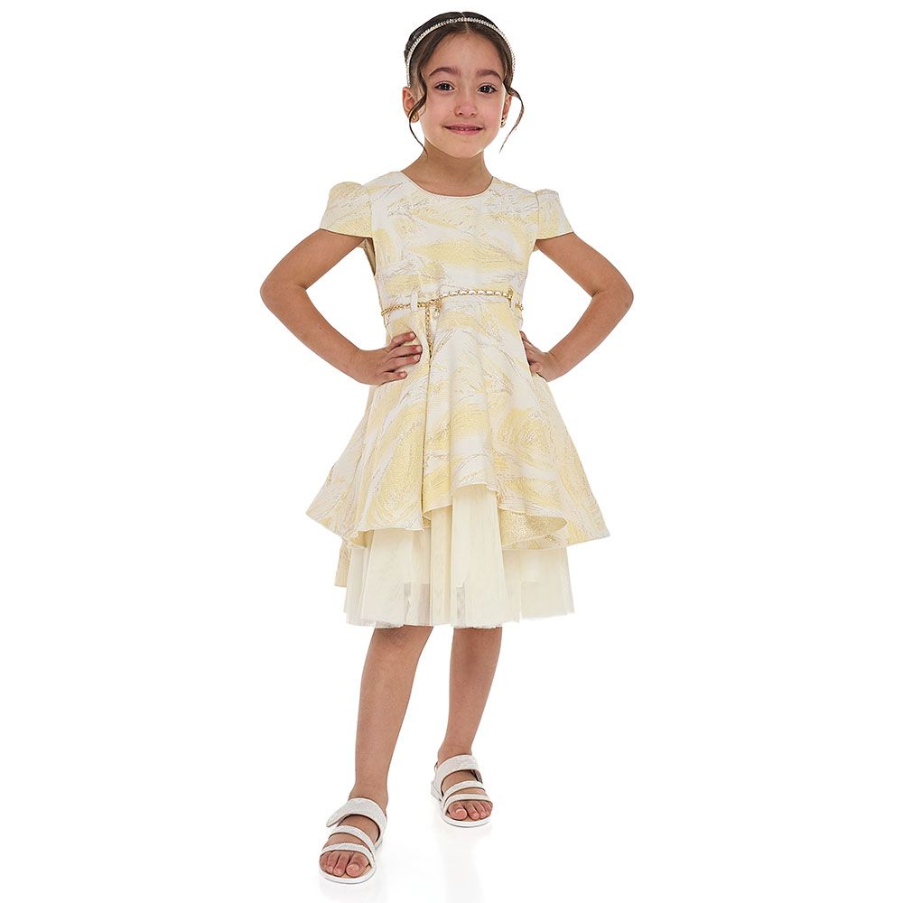 Victor And Jane - Girl's Jacquard & Tulle Party Dress - Chic Yellow/Gold