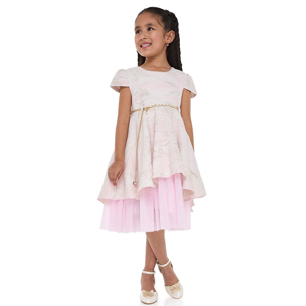 Victor And Jane - Girl's Jacquard & Tulle Party Dress - Chic Pink/Gold