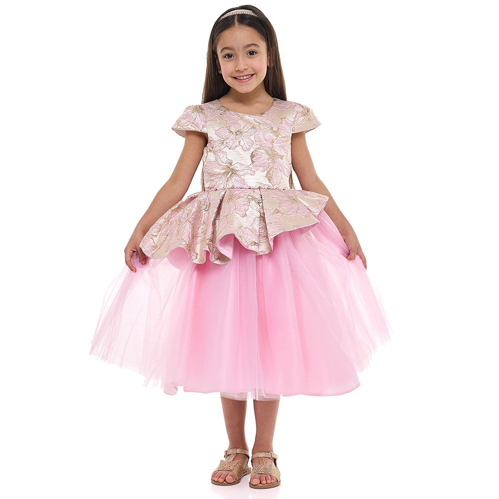 Victor And Jane - Girl's Elegant Jacquard & Tulle Party Dress - Pink