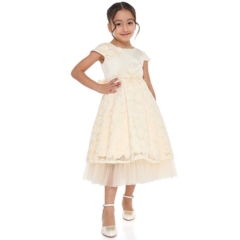 Victor And Jane - Girl's Chic Satin & Lace Party Dress - Champagne