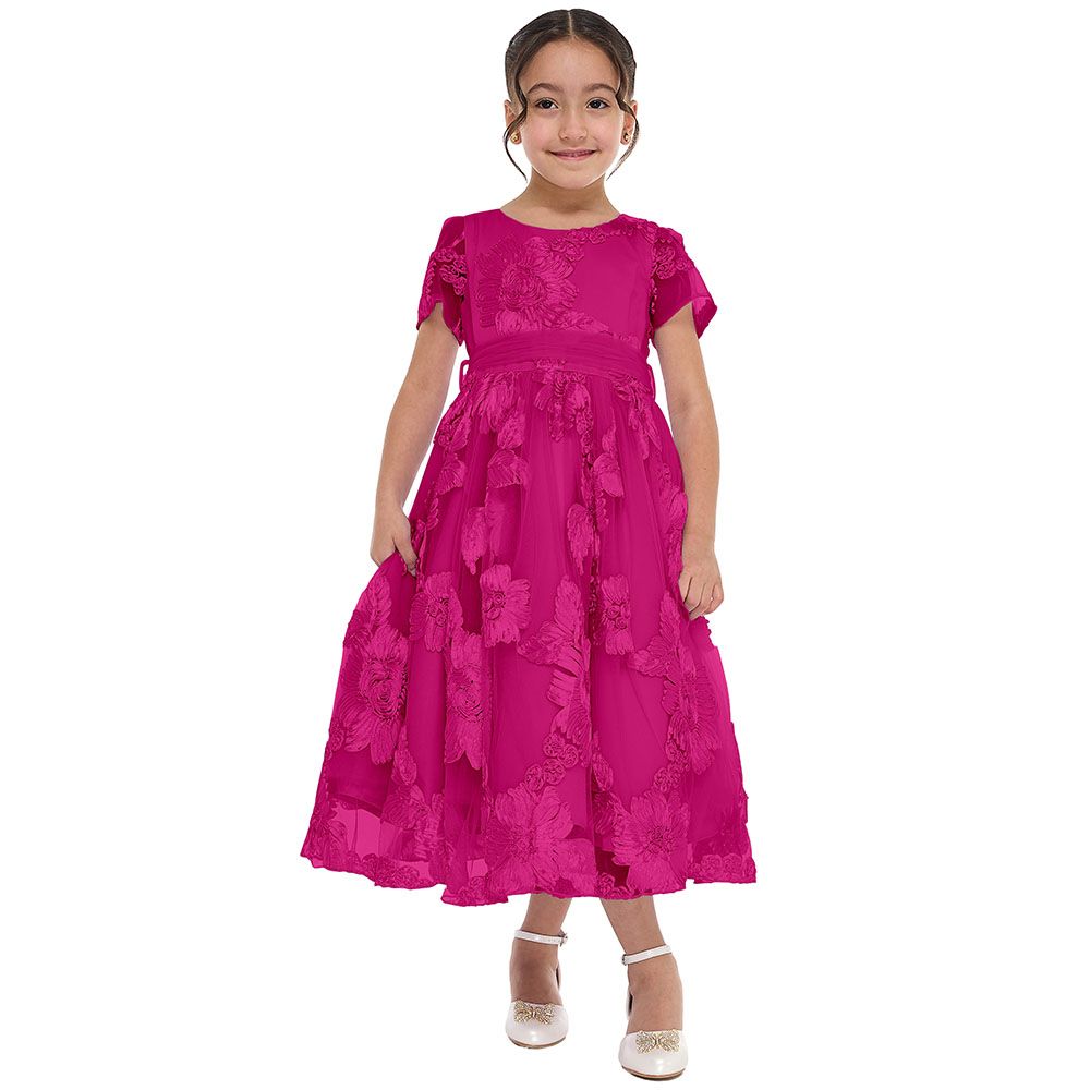 Victor And Jane - Girl's 3D Flower Mesh Party Dress - Rose