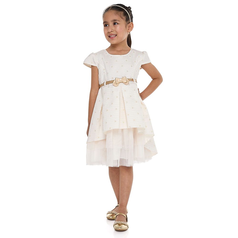 Victor and Jane - Chic Jacquard Party Dress With Mesh And Decoration - Cream