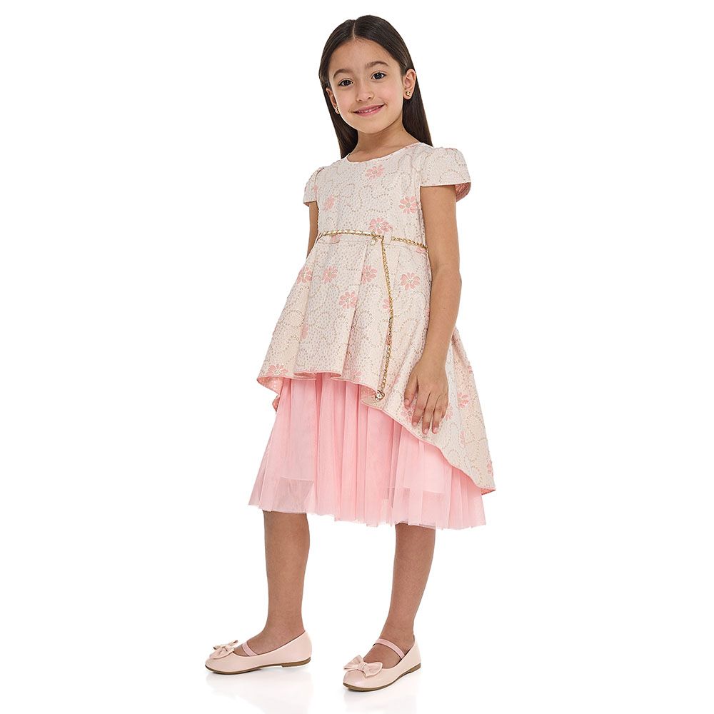 Victor And Jane - Chic Jacquard Party Dress With Mesh - Peach