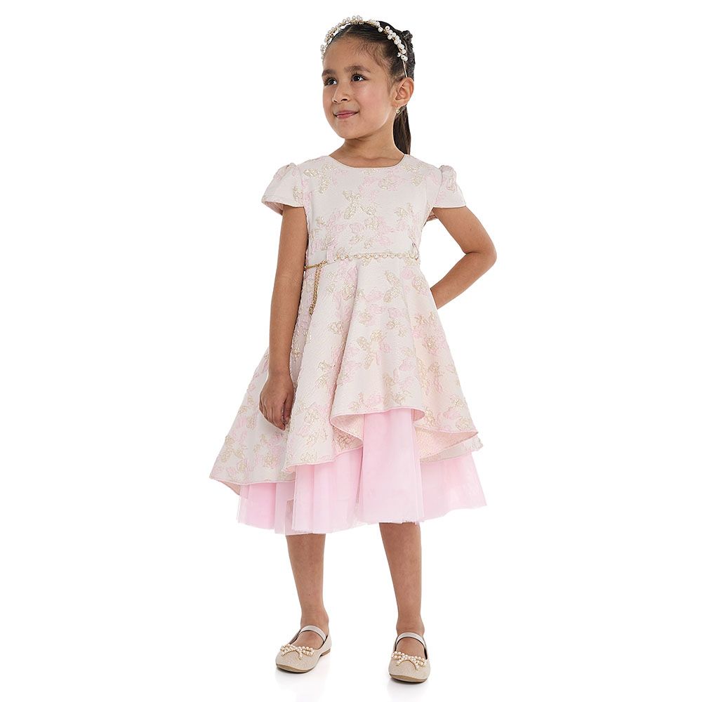 Victor And Jane - Girl's Elegant Jacquard & Tulle Party Dress - Pink/Gold