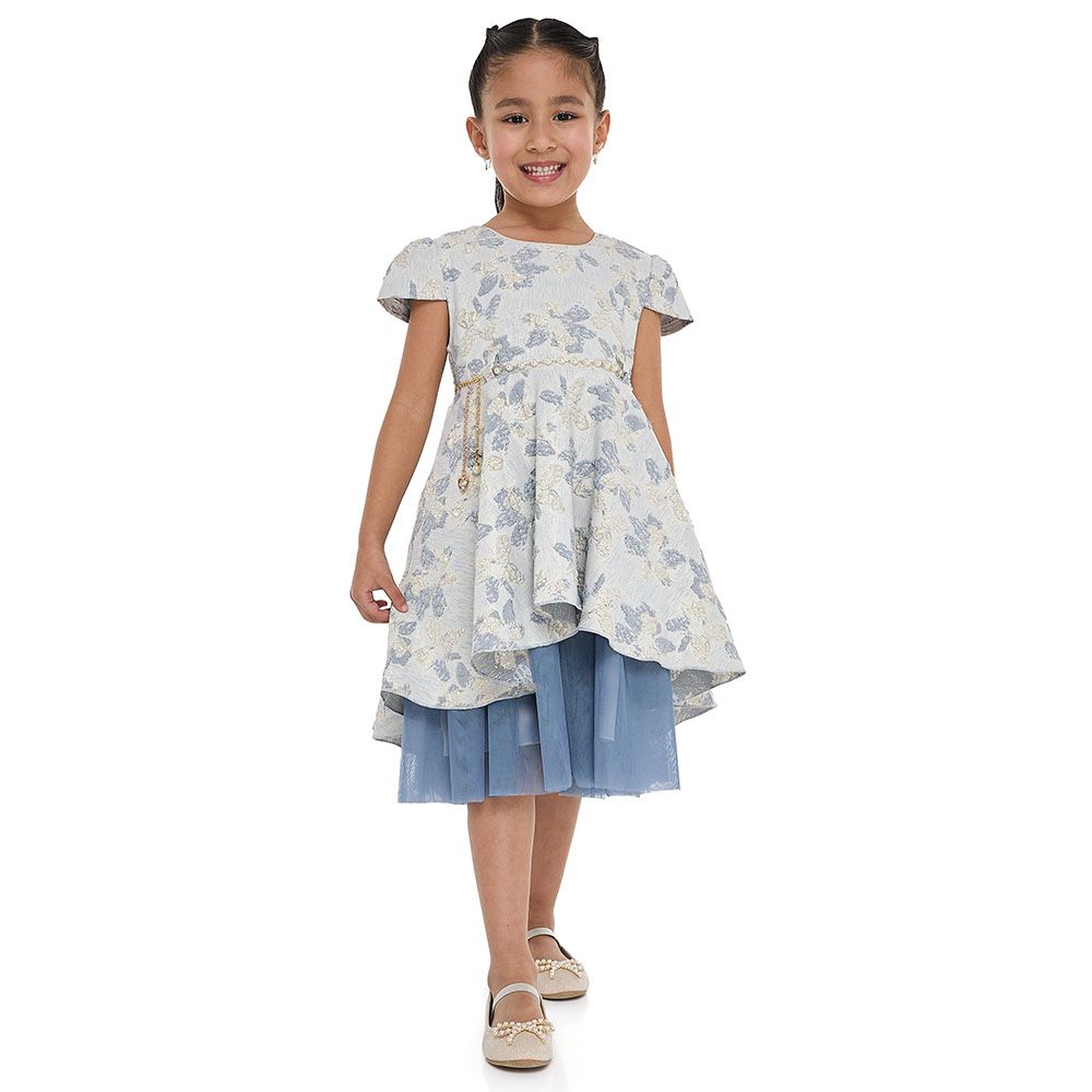 Victor And Jane - Girl's Jacquard & Tulle Party Dress - Light Blue/Gold