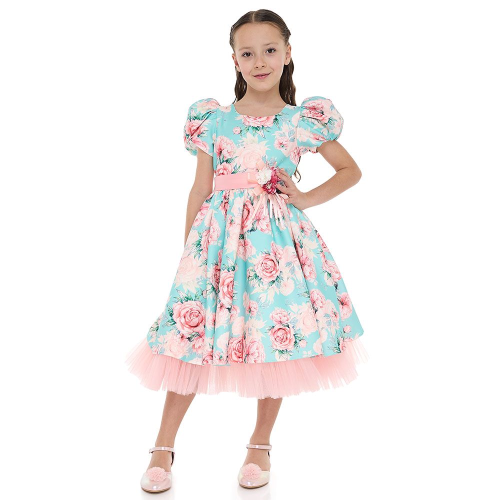 Victor And Jane - Girl's Floral Satin Dress With Mesh Edge - Pink/Blue