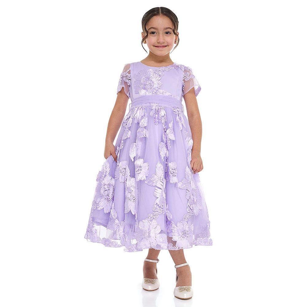 Victor And Jane - Girl's 3D Flower Mesh Party Dress - Lilac