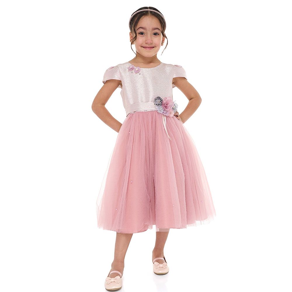 Victor And Jane - Girl's Jacquard And Tulle Flower Dress - Old Rose