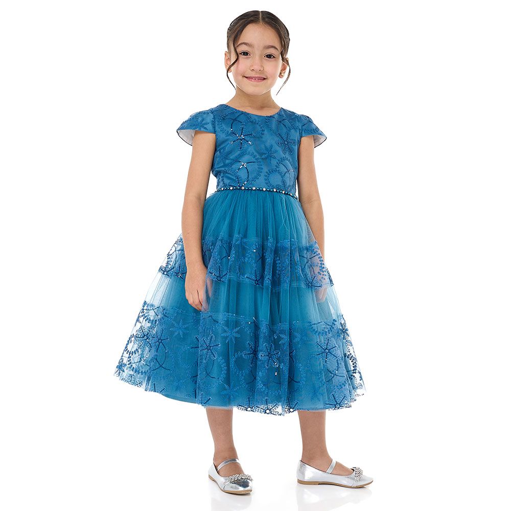 Victor And Jane - Girl's Elegant Tulle Dress With Lace And Sequins - Blue