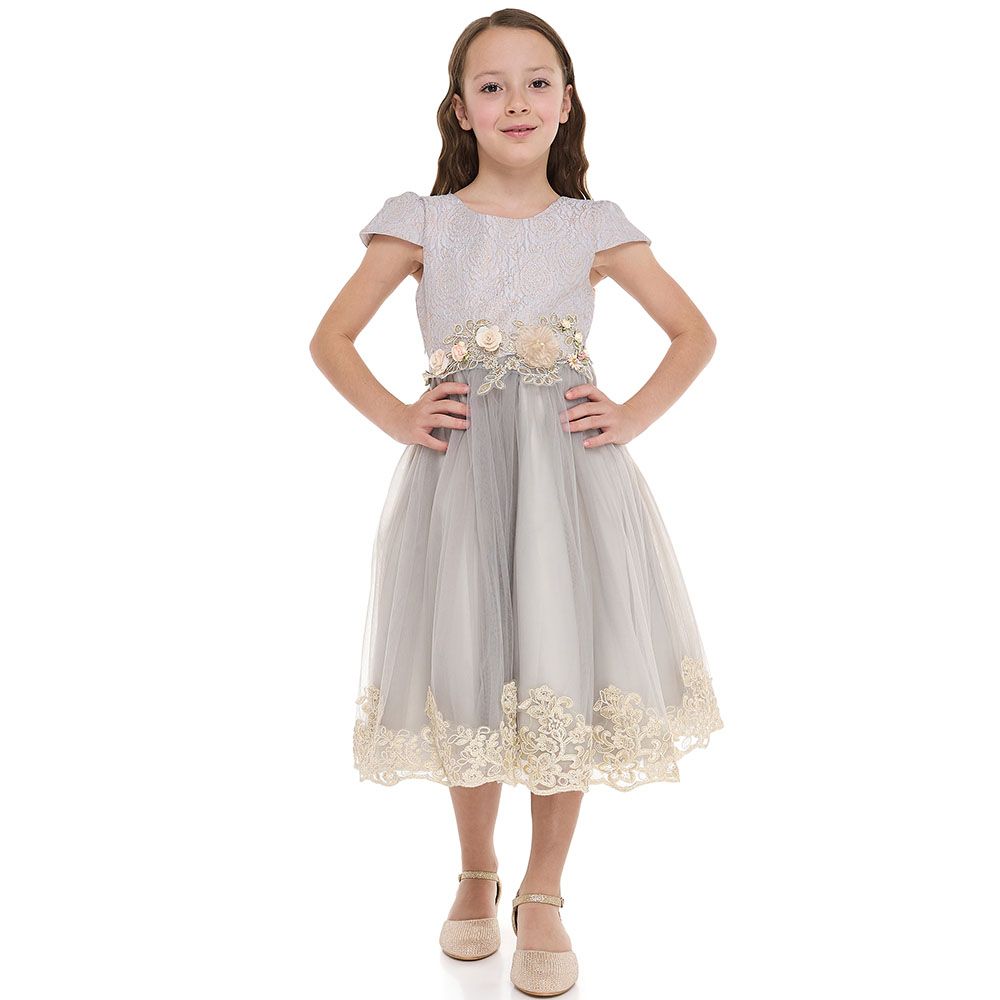 Victor And Jane - Girl's Jacquard And Tulle Dress - Grey/Gold