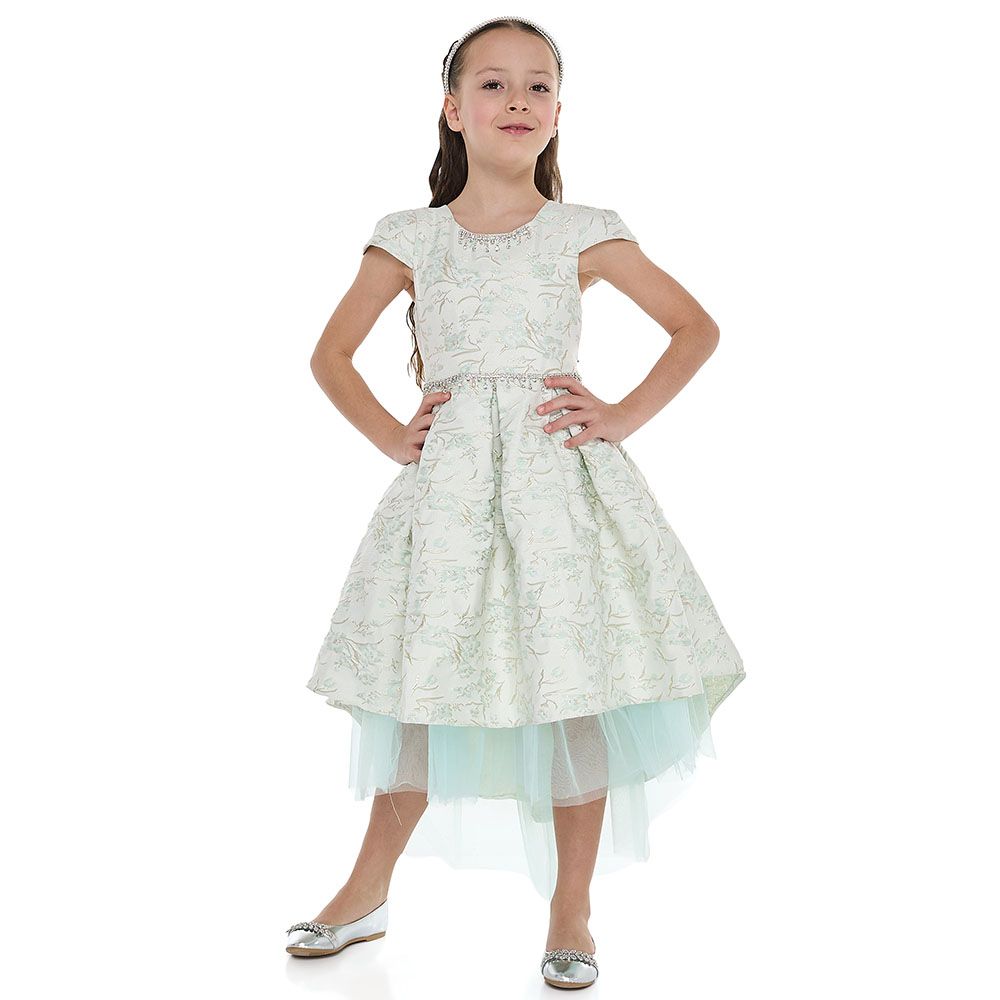 Victor And Jane - Girl's Jacquard Low Tail Dress With Mesh Tulle - Mint Green