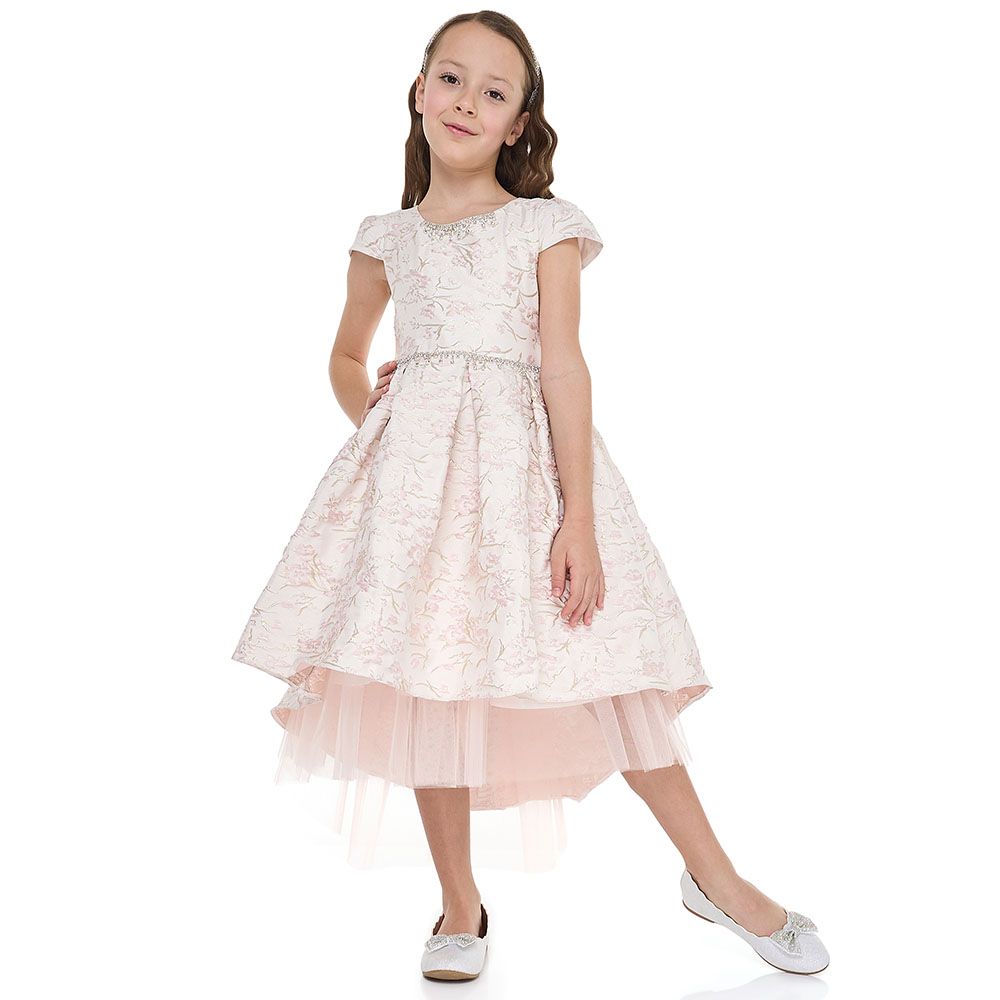 Victor And Jane - Girl's Jacquard Low Tail Dress With Mesh Tulle - Pink