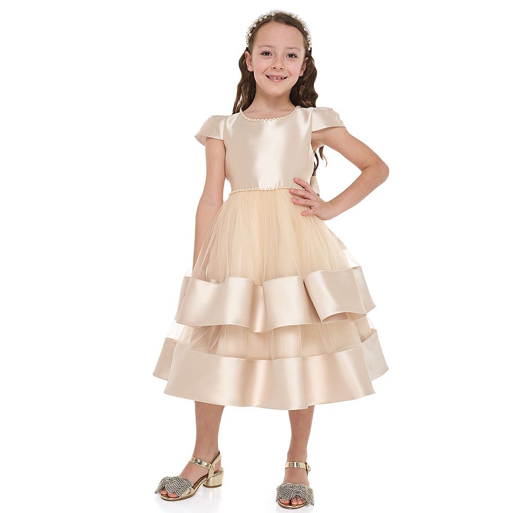 Victor and Jane - Chic Satin Party Dress With Mesh And Decoration - Beige