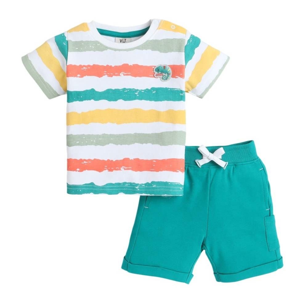 Victor And Jane - 2pc-Set - Boy's Striped T-Shirt And Shorts - Green/Multicolor