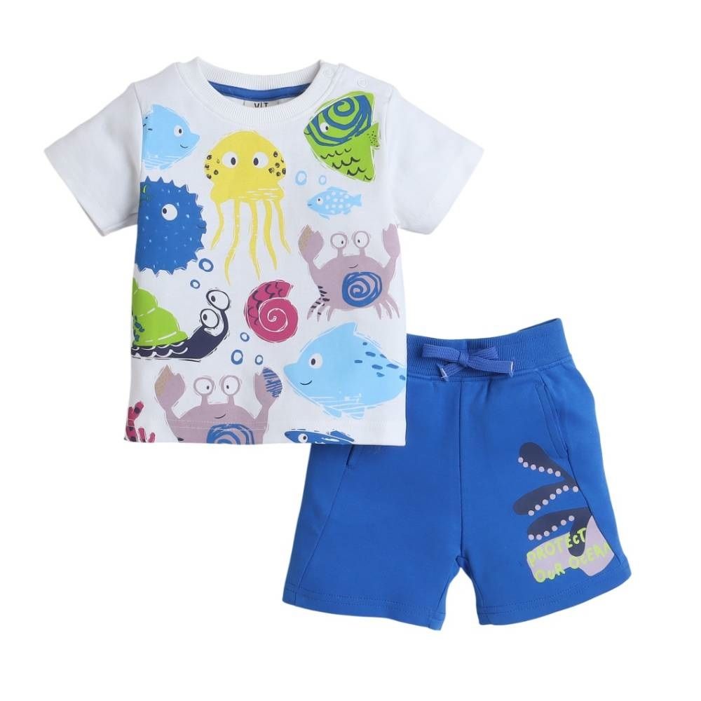 Victor And Jane - 2pc-Set - Boy's Sea Advanture T-Shirt And Shorts - Off-White/Royal Blue