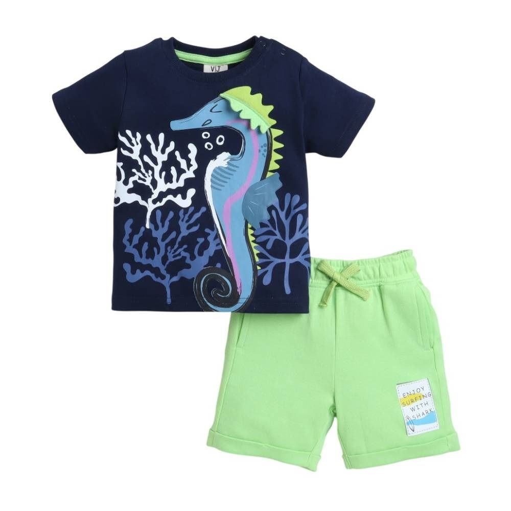 Victor And Jane - 2pc- Set - Boy's Sea Horse Printed T-Shirt And Shorts - Navy/Neon Green