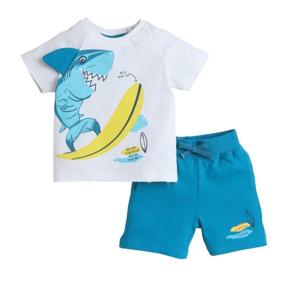 Victor And Jane - 2pc-Set - Boy's Shark Surfing T-Shirt And Shorts - Off-White/Blue