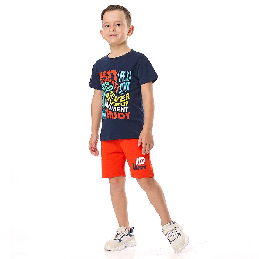 Victor And Jane - 2pc-Set - Boy's Best Moments Printed T-Shirt And Shorts - Navy/Orange