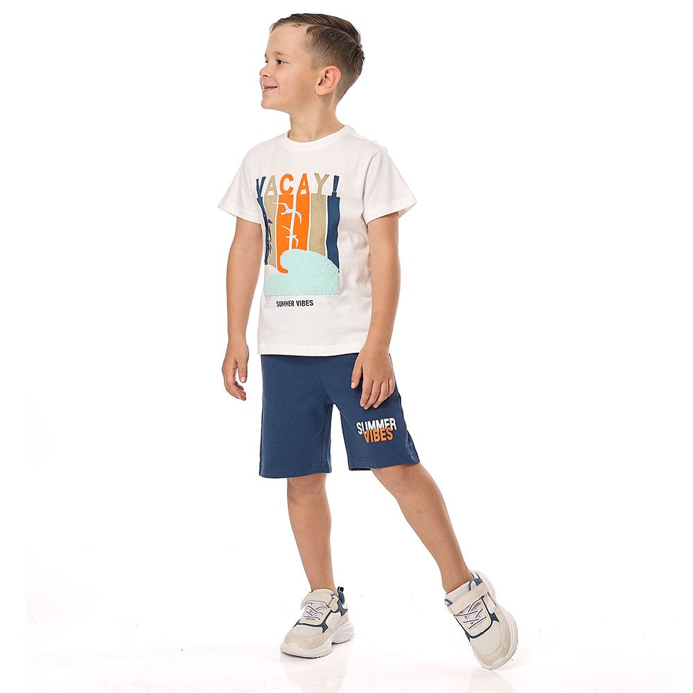 Victor And Jane - 2pc-Set - Boy's Summer Vibes T-Shirt And Shorts - Off-White/Blue