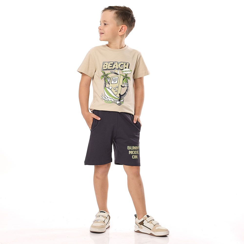 Victor And Jane - 2pc-Set - Boy's Beach Days T-Shirt And Shorts - Beige/Dark Grey