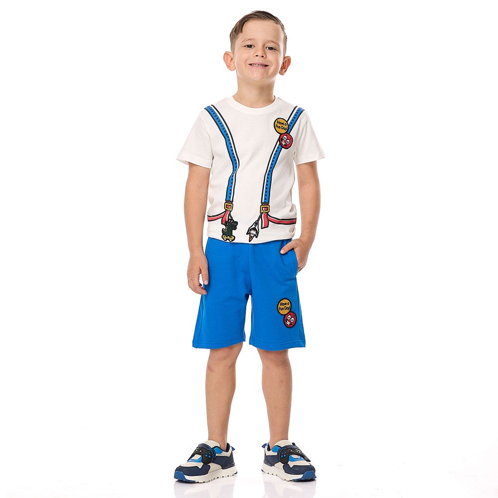 Victor And Jane - 2pc-Set - Boy's Backpack Printed T-Shirt And Shorts - Off White/Royal Blue