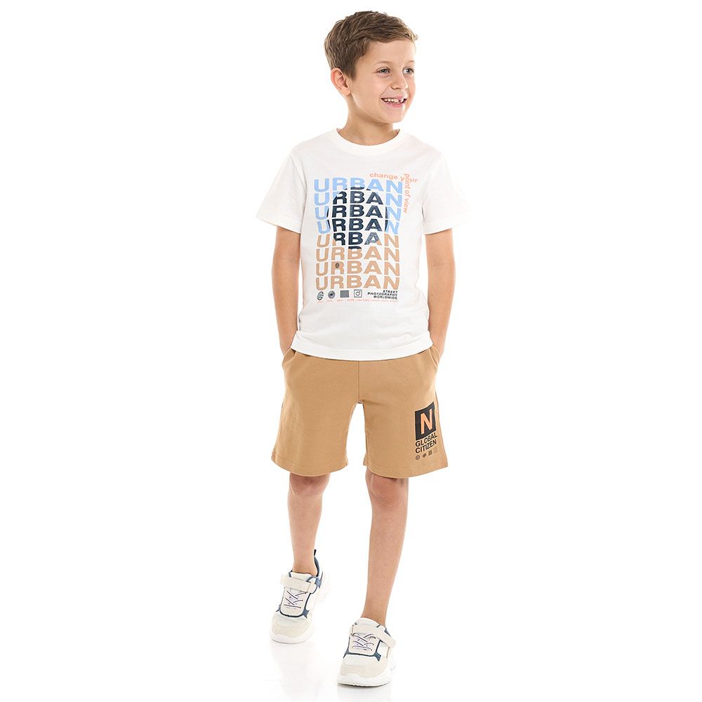 Victor And Jane - 2pc-Set - Boy's Urban Printed T-Shirt & Shorts Set - Off-White/Brown