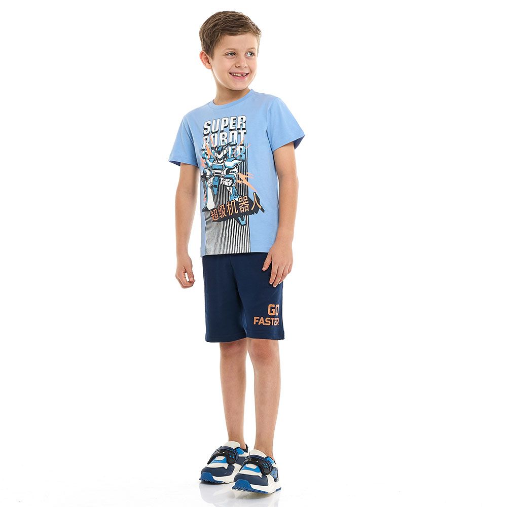 Victor And Jane - 2pc-Set - Boy's Super Robot Printed T-Shirt And Shorts - Blue/Navy