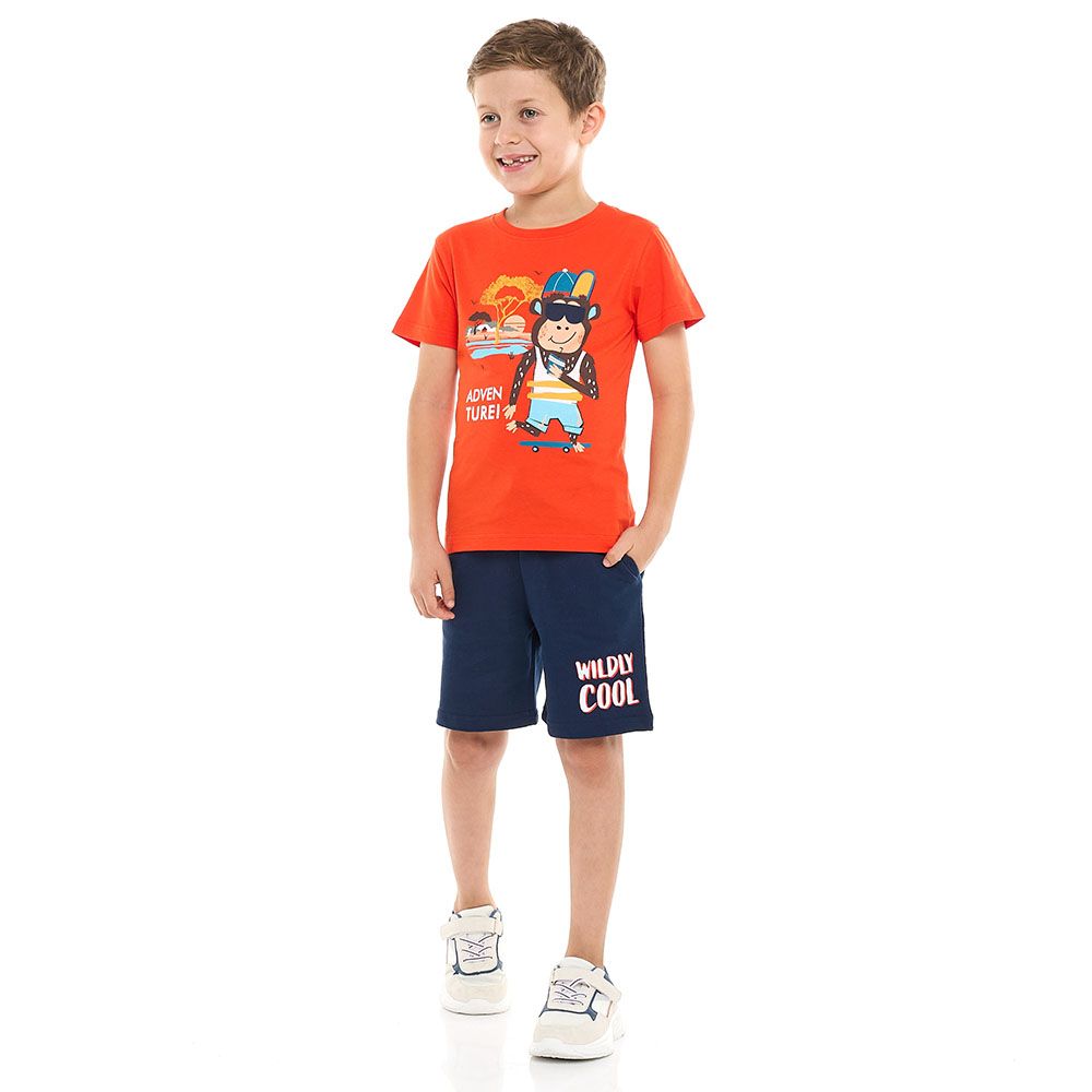 Victor And Jane - 2pc-Set - Boy's Monkey Printed T-Shirt And Shorts - Rust/Blue