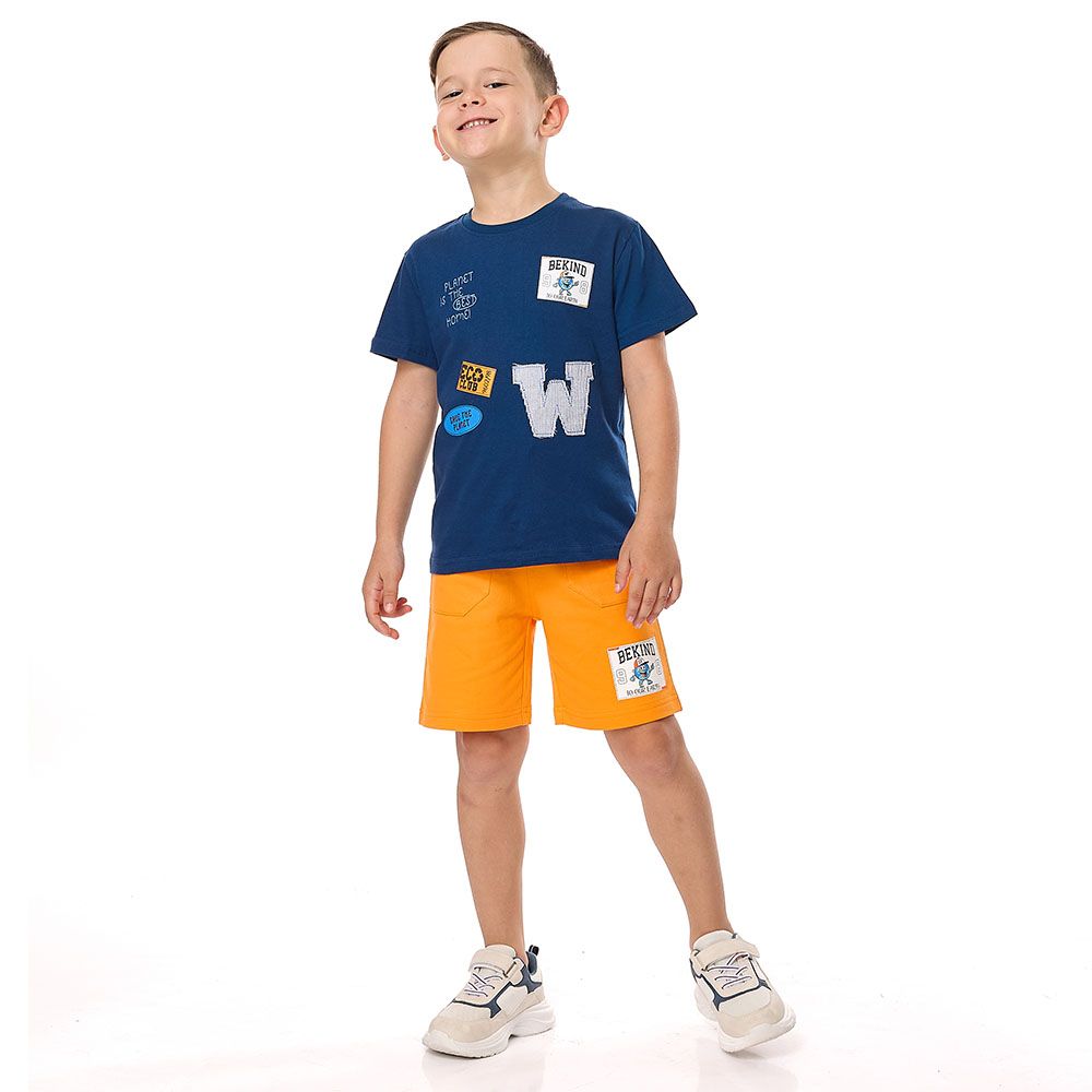 Victor And Jane - 2pc-Set - Boy's Label Detail T-Shirt And Shorts - Blue/Orange