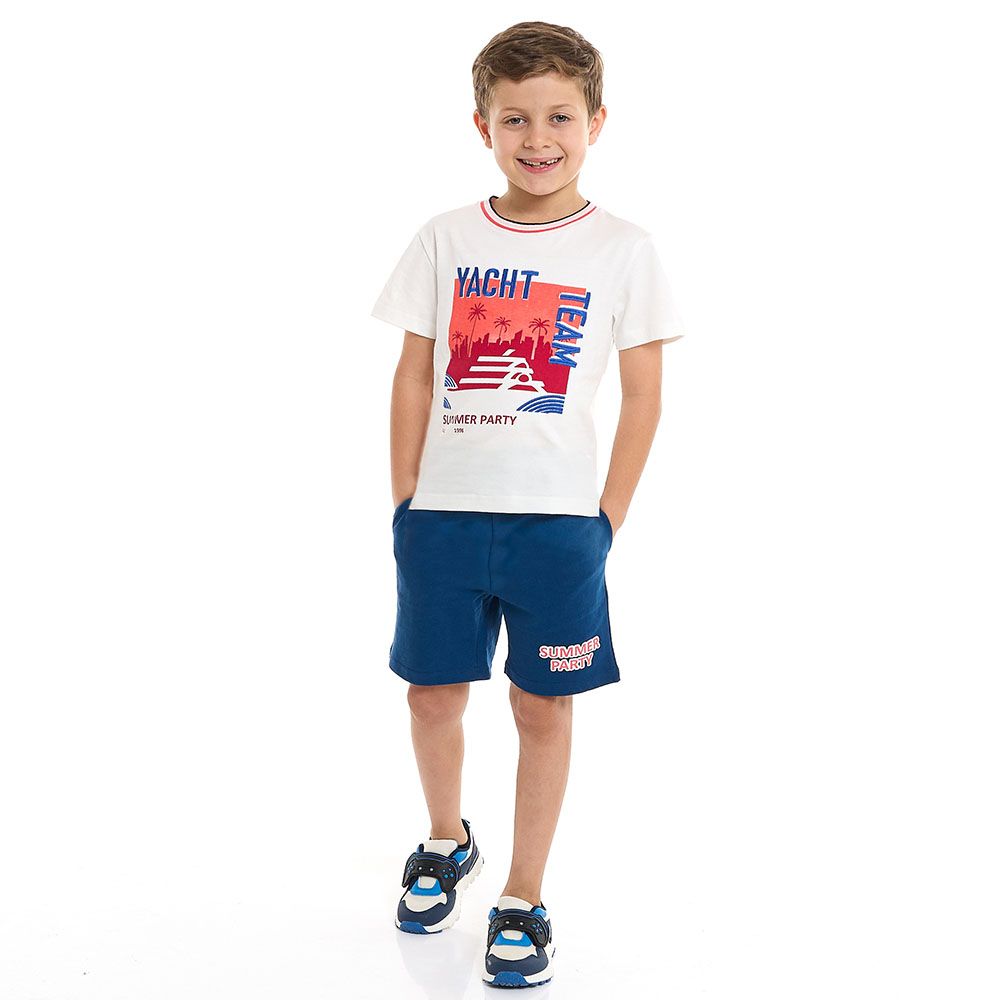 Victor And Jane - 2pc-Set - Boy's Yacht Team Printed T-Shirt And Shorts - Off-White/Navy