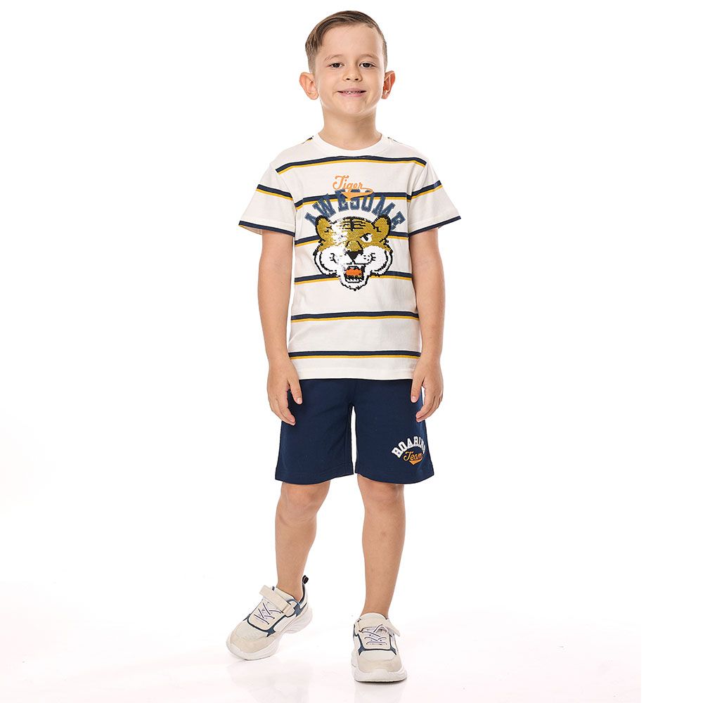 Victor And Jane - 2pc-Set - Boy's Tiger Printed T-Shirt And Shorts - Off-White/Navy